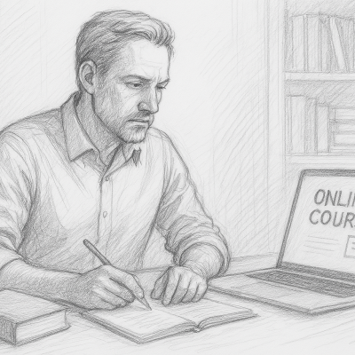 A pencil sketch of a man seated at a desk, working with a laptop, open book, and course certificate, symbolizing online learning and professional growth.