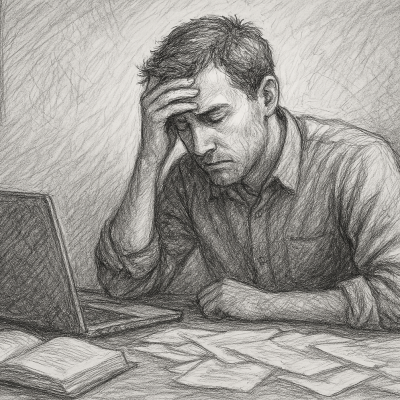 A burned-out author sitting at a cluttered desk, visibly exhausted and overwhelmed, symbolizing creative fatigue and the emotional toll of constant hustle in the authorpreneur journey.