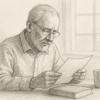 An elderly man seated at a desk, gazing thoughtfully into the distance, with books and papers nearby—capturing a moment of quiet reflection and legacy.
