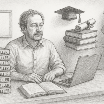 Pencil sketch of a middle-aged author at a desk, surrounded by books, a graduation cap, and a bust—reflecting on legacy after a successful writing career.
