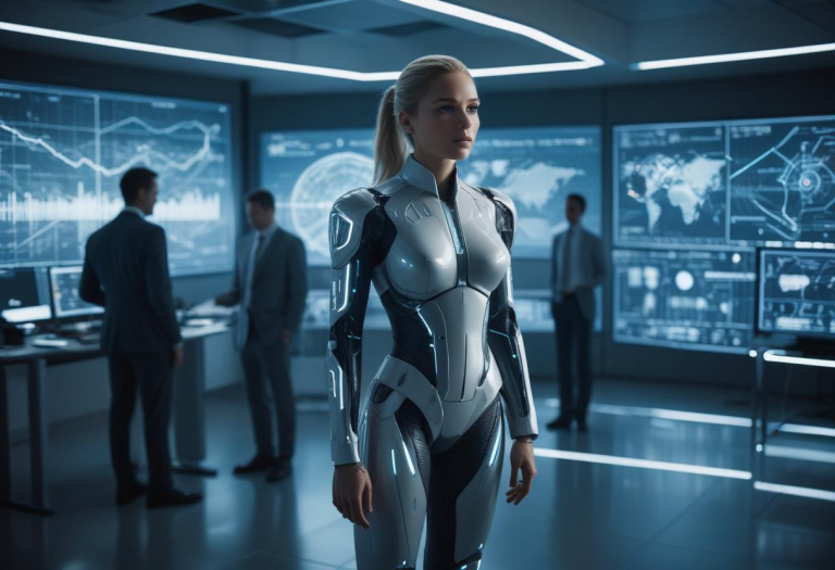 A woman in a futuristic suit confidently leads a diverse group, embodying innovation.