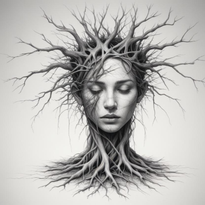 A mind with tangled roots growing into the body, symbolizing trapped trauma