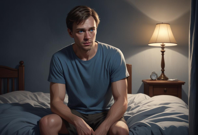 A man sitting on the edge of their bed at night with shoulders tense, and teary eyes.