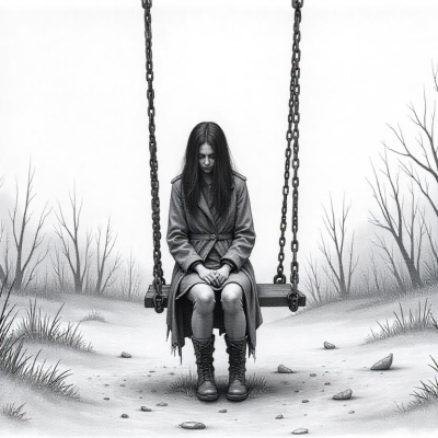 A solitary figure, a girl on a swing, with her head lowered in an abandoned wooded playground.