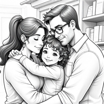 Illustration of a family of three embracing, symbolizing strength, healing, and unity.