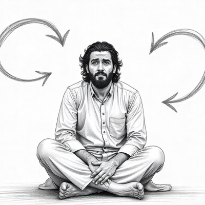 A person sitting in a floor, looking frustrated and exhausted, surrounded by swirling, looping arrows that represent repetitive therapy sessions.