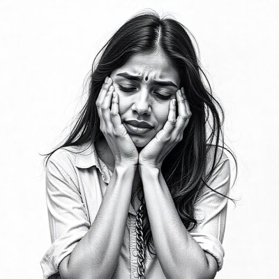 A woman with tears in her eyes holds her head in her hands, expressing deep sorrow