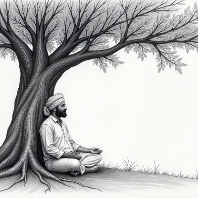 A person sitting under a tree with deep roots and falling leaves, symbolizing grounding and growth.