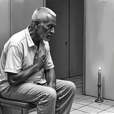 An old man sitting quietly with their hand over their chest, as if feeling something deeply within