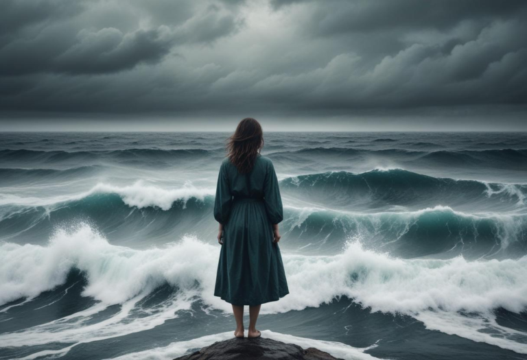 A symbolic image of a woman standing before a vast, turbulent ocean, representing the challenge of facing suppressed emotions without being overwhelmed.