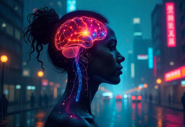 A person with their nervous system illuminated, showing the tension between fear and healing as the body resists vulnerability while the mind seeks transformation.