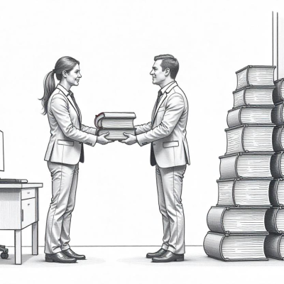 Bulk Sales Blueprint – Selling 500 Copies to Corporations 4 An author giving a large book to a corporate executive, with stacks of books being placed on office shelves