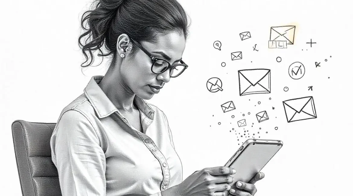 Email List Alchemy – From 0 to 10k Subscribers Pre-Launch 1 A focused author at a desk, reviewing a growing email list with floating email icons and LinkedIn logos, symbolizing successful list-building strategies