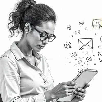 Email List Alchemy – From 0 to 10k Subscribers Pre-Launch 3 A focused author at a desk, reviewing a growing email list with floating email icons and LinkedIn logos, symbolizing successful list-building strategies
