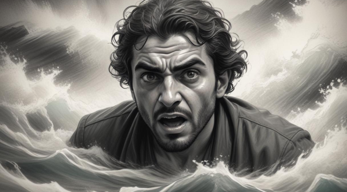 When Survival Isn’t Enough—The Path to Real Healing 1 A person struggling in water: Dark, swirling waters symbolize the weight of trauma pulling him down