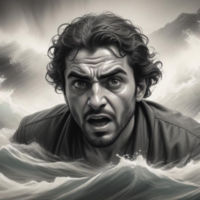 A person struggling in water: Dark, swirling waters symbolize the weight of trauma pulling him down