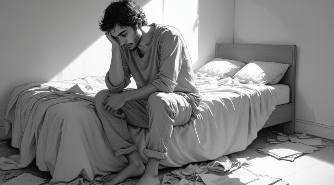 A person sitting on the edge of their bed, hunched over with their head in their hands, symbolizing exhaustion from hypervigilance.