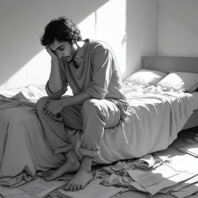 A person sitting on the edge of their bed, hunched over with their head in their hands, symbolizing exhaustion from hypervigilance.