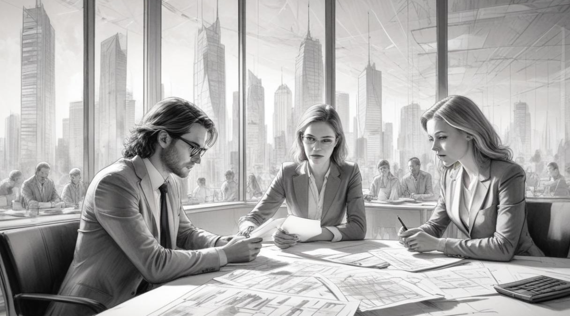Your Competitors Are Already Using AI—Are You? Unlock Your AI Competitive Advantage 1 A monochrome photo depicting three business people sitting around a table, engaged in a professional dialogue.
