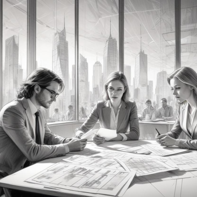 A monochrome photo depicting three business people sitting around a table, engaged in a professional dialogue.