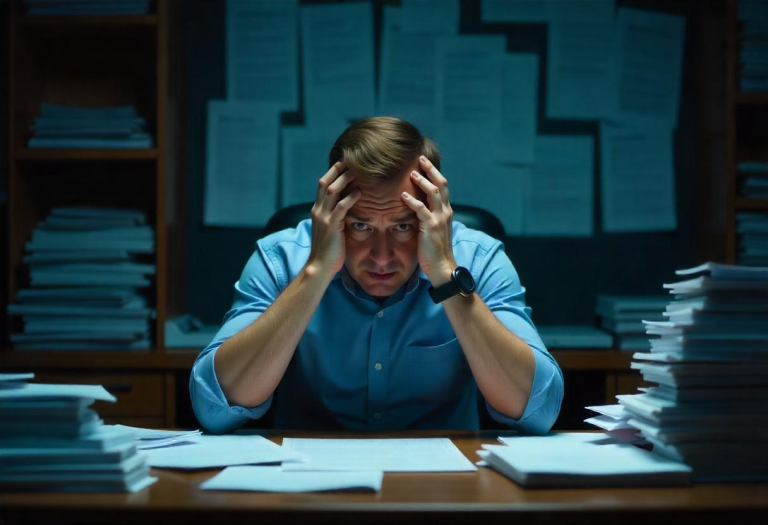 A frustrated person surrounded by tax forms and paperwork, sitting at a cluttered desk with a maze-like background symbolizing bureaucracy, holding their head in their hands.