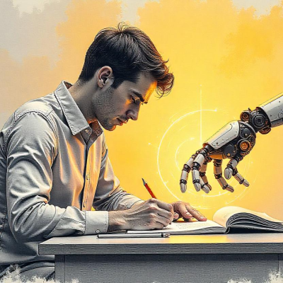 Plagiarism Paranoia – Protecting Your IP in the AI Era 5 A writer protecting their manuscript from robotic AI arms, with a glowing invisible watermark on the pages.
