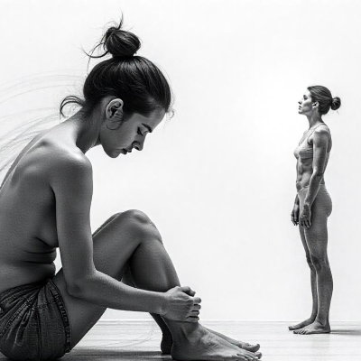 An illustration of a seated figure with anxiety, contrasted by a standing version embodying healing and strength.