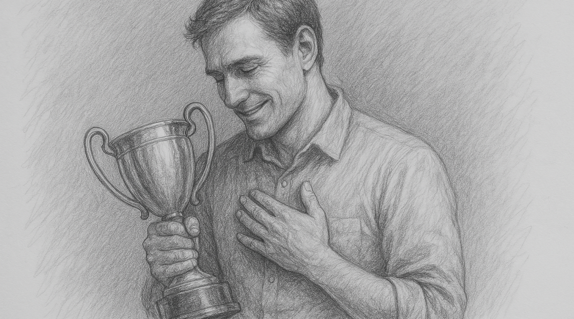 Pencil sketch of a man holding a trophy, reflecting success fueled by passion, not pain.