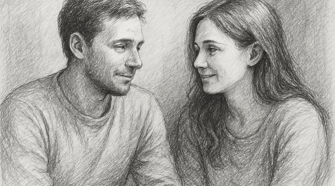 A black and white pencil sketch of a man and woman sitting close, sharing a quiet, authentic connection with soft, expressive faces.