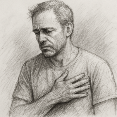 Illustration of a man with a hand over his heart, symbolizing the journey of turning inner pain into purposeful legacy.