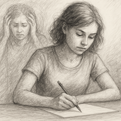 Taking the Pen Back from Your Past 5 A pencil sketch of a young woman writing at a table, with a shadowy, distressed version of herself in the background—symbolizing reclaiming authorship from past trauma.