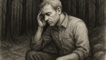 A pencil sketch of a man sitting alone in a dark forest, head bowed and hand on his forehead, conveying deep reflection and emotional struggle.