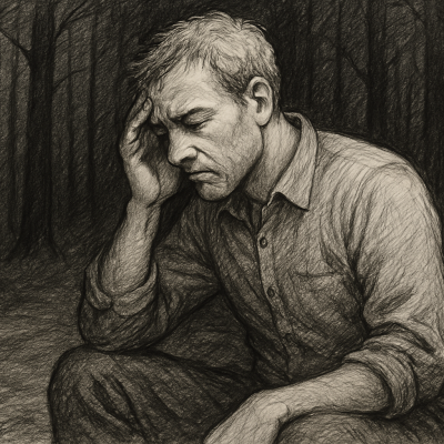A pencil sketch of a man sitting alone in a dark forest, head bowed and hand on his forehead, conveying deep reflection and emotional struggle.