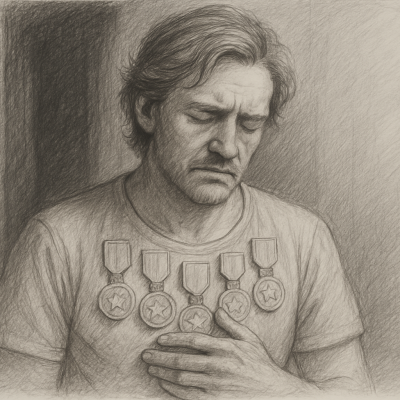 Illustration of a man with closed eyes and a solemn expression, wearing medals symbolizing survival patterns like perfectionism and emotional suppression