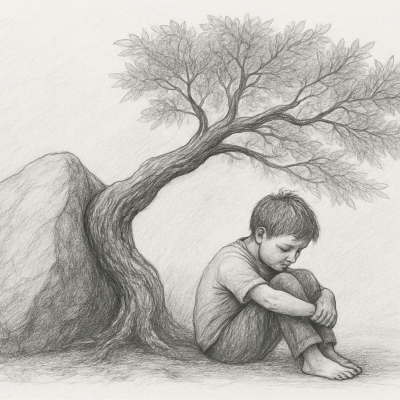 The Genius in Your Coping Mechanisms 6 A young child curled up beside a bent tree growing around a boulder, symbolizing the quiet strength of survival and adaptation through childhood trauma.