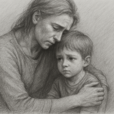 A tender sketch of an adult embracing their inner child, symbolizing healing and emotional reconnection.