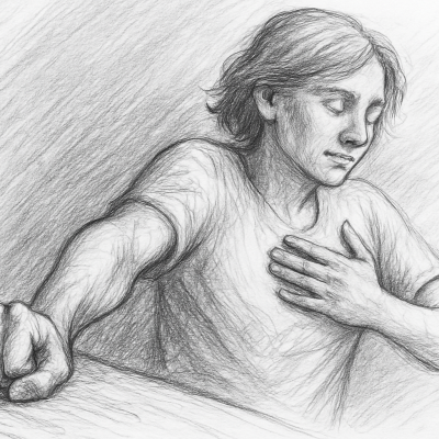 sketch of a person transitioning from tension to calm—one hand clenched on a table, the other resting gently on their chest, eyes closed in quiet surrender.