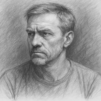 A resilient man with a hardened gaze, capturing the quiet strength and emotional fatigue of someone moving from survival to thriving.