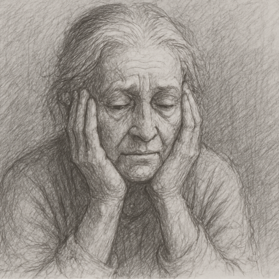 You Weren’t Addicted to Substances, You Were Addicted to Not Feeling 2 Sketch of an elderly woman, eyes closed and hands resting against her face, capturing the deep emotional weight of unspoken pain and inner healing.