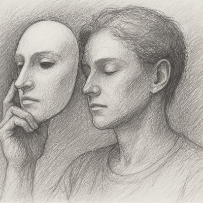 Pencil sketch of a person removing a mask, symbolizing the journey from protective armor to authentic emotional aliveness.
