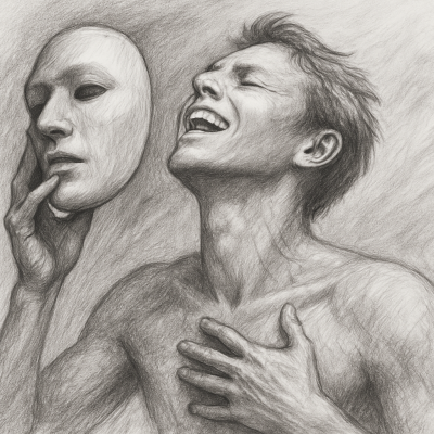 It's a pencil sketch of a man removing a mask, revealing a raw mix of relief and vulnerability—symbolizing the liberation from high-functioning trauma.