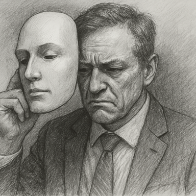 A successful yet weary man removing a stoic mask, symbolizing the transformation from high-functioning trauma to authentic leadership.