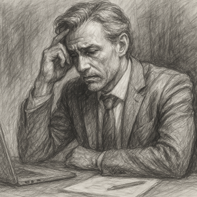A pencil sketch of a contemplative executive in a suit, sitting at a desk with a laptop—capturing the quiet weight of high performance shaped by unresolved childhood trauma.