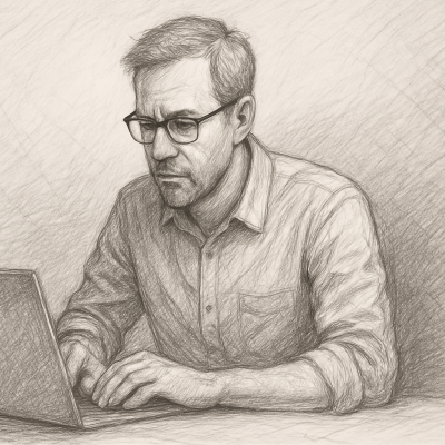Why Small Businesses Are Ahead in the AI Revolution 7 Sketch of a focused small business owner quickly adopting AI tools on his laptop.