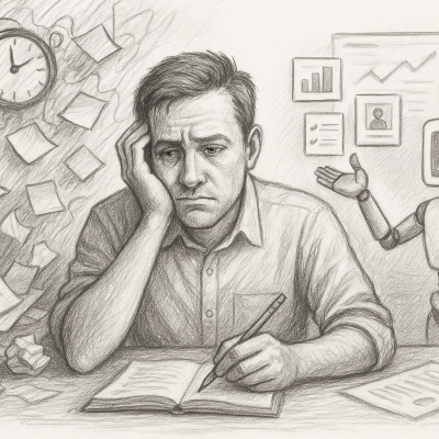 How AI Turns Chaos into Clarity for Small Business Owners 5 A small business owner sits overwhelmed at his cluttered desk, while an AI assistant calmly offers organized insights.