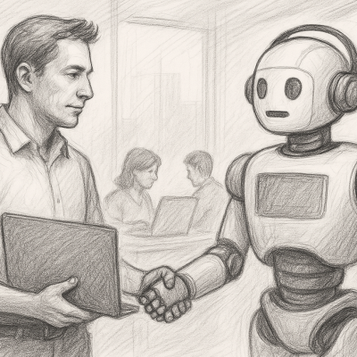 No IT? No Problem. How Small Teams Are Crushing It with AI 4 A pencil sketch of a man holding a laptop shaking hands with a friendly humanoid robot in an office setting.