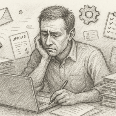 The Hidden Cost of Doing It All Yourself—and How AI Can Help 3 A stressed man overwhelmed by paperwork and tasks at his desk, surrounded by icons of emails, invoices, and gears.