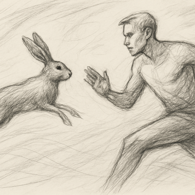 Adaptability > Speed: Why Flexibility Wins in the AI Era 2 A pencil sketch shows a focused human runner and a leaping hare, symbolizing agility and adaptability in a fast-changing world.