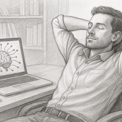 How AI Can Do Your Marketing and Lead Gen—Even While You Sleep 1 Pencil sketch of a relaxed entrepreneur as AI tools handle marketing and lead gen.