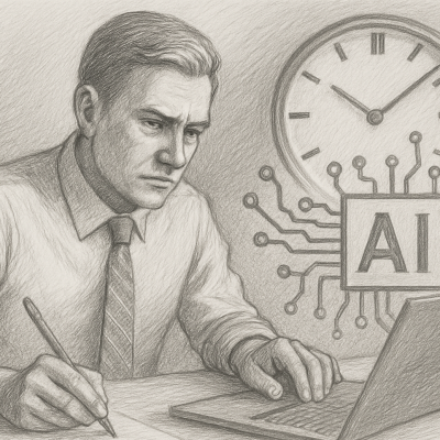 A focused entrepreneur working at a desk, with AI tools and a clock nearby—symbolizing time reclaimed through smart automation.